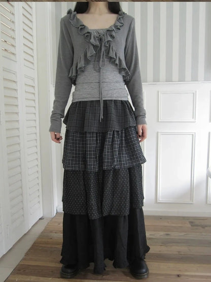 ang project Vintage Checkered Polka Dot Tiered Ruffle Skirt Skirt