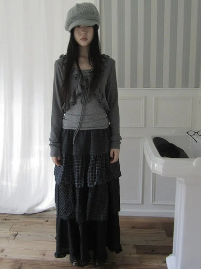 ang project Vintage Checkered Polka Dot Tiered Ruffle Skirt Skirt