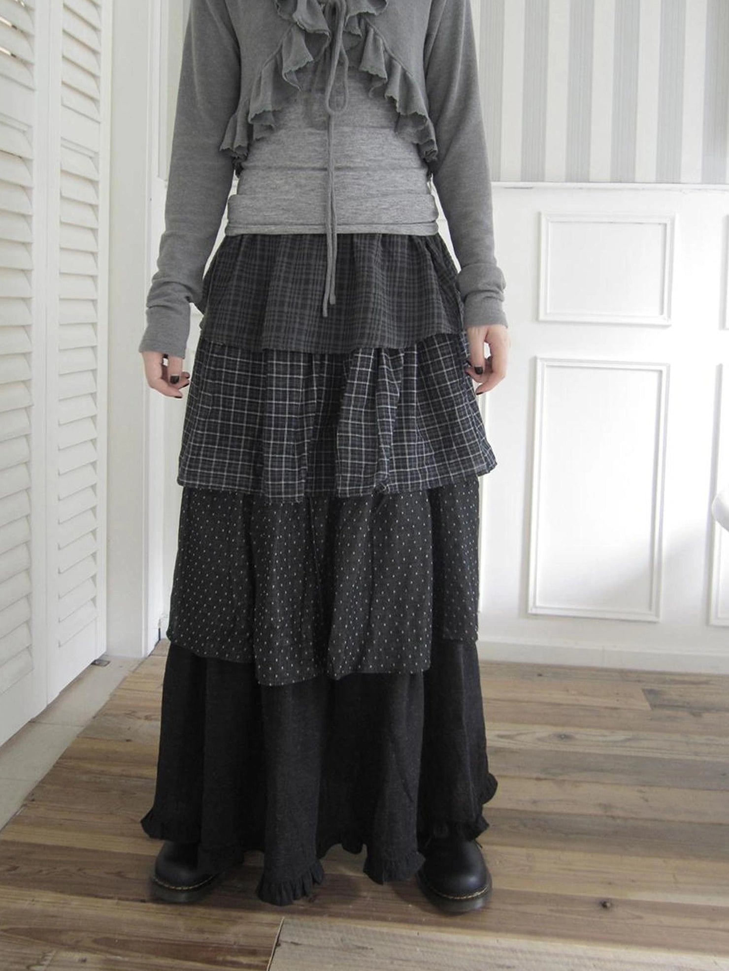 ang project Vintage Checkered Polka Dot Tiered Ruffle Skirt Skirt