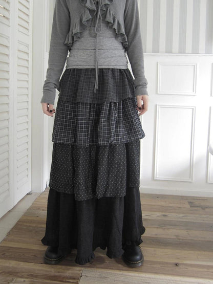 ang project Vintage Checkered Polka Dot Tiered Ruffle Skirt Skirt