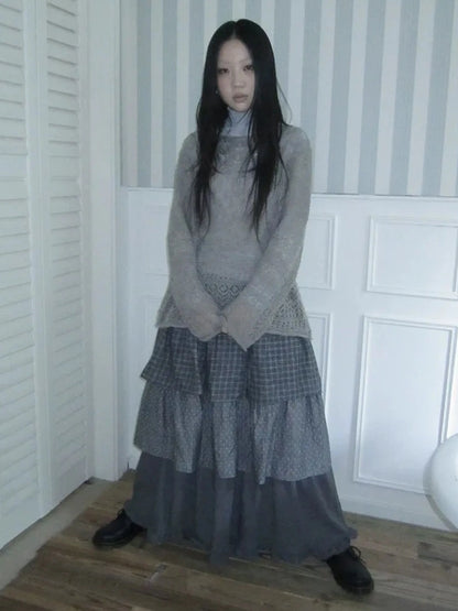 ang project Vintage Checkered Polka Dot Tiered Ruffle Skirt Skirt