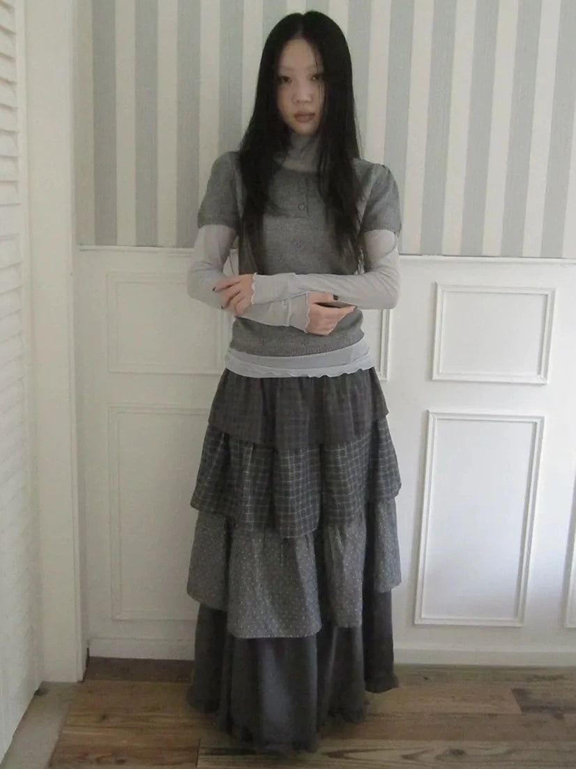 ang project Vintage Checkered Polka Dot Tiered Ruffle Skirt Skirt