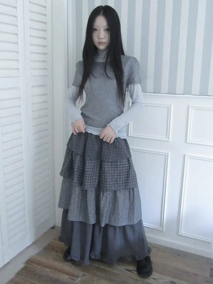 ang project Vintage Checkered Polka Dot Tiered Ruffle Skirt Skirt