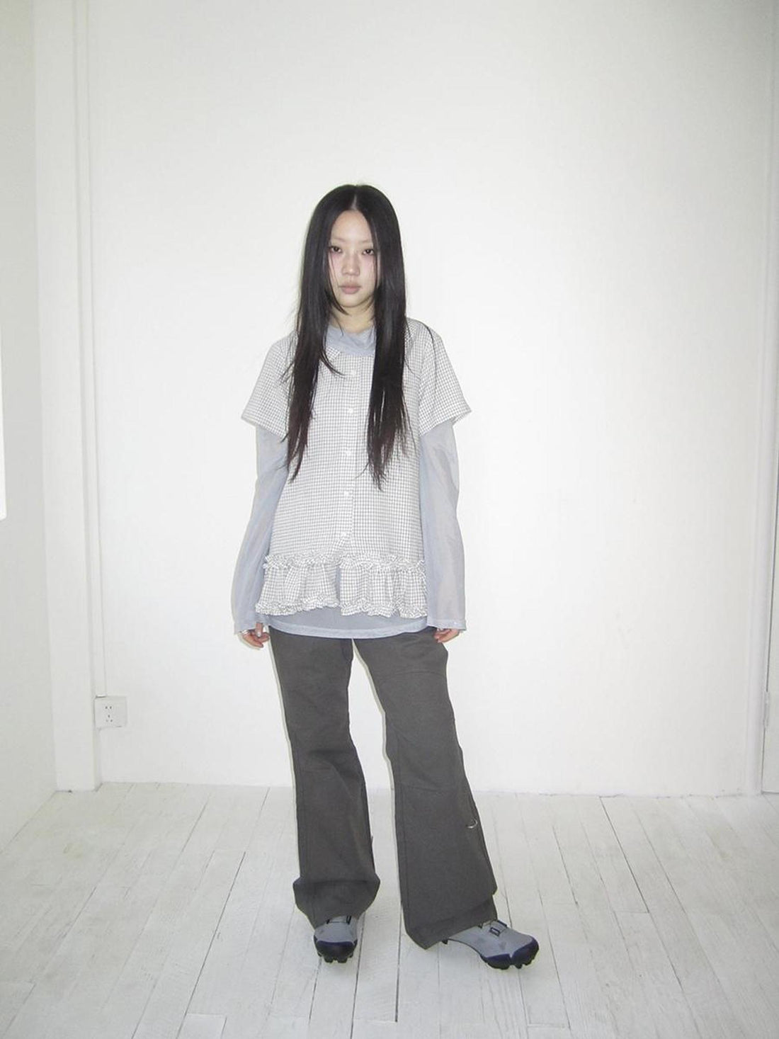 ang project Vintage Collar Checkered Ruffle Short Sleeve Shirt