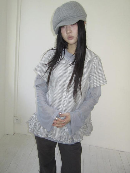 ang project Vintage Collar Checkered Ruffle Short Sleeve Shirt