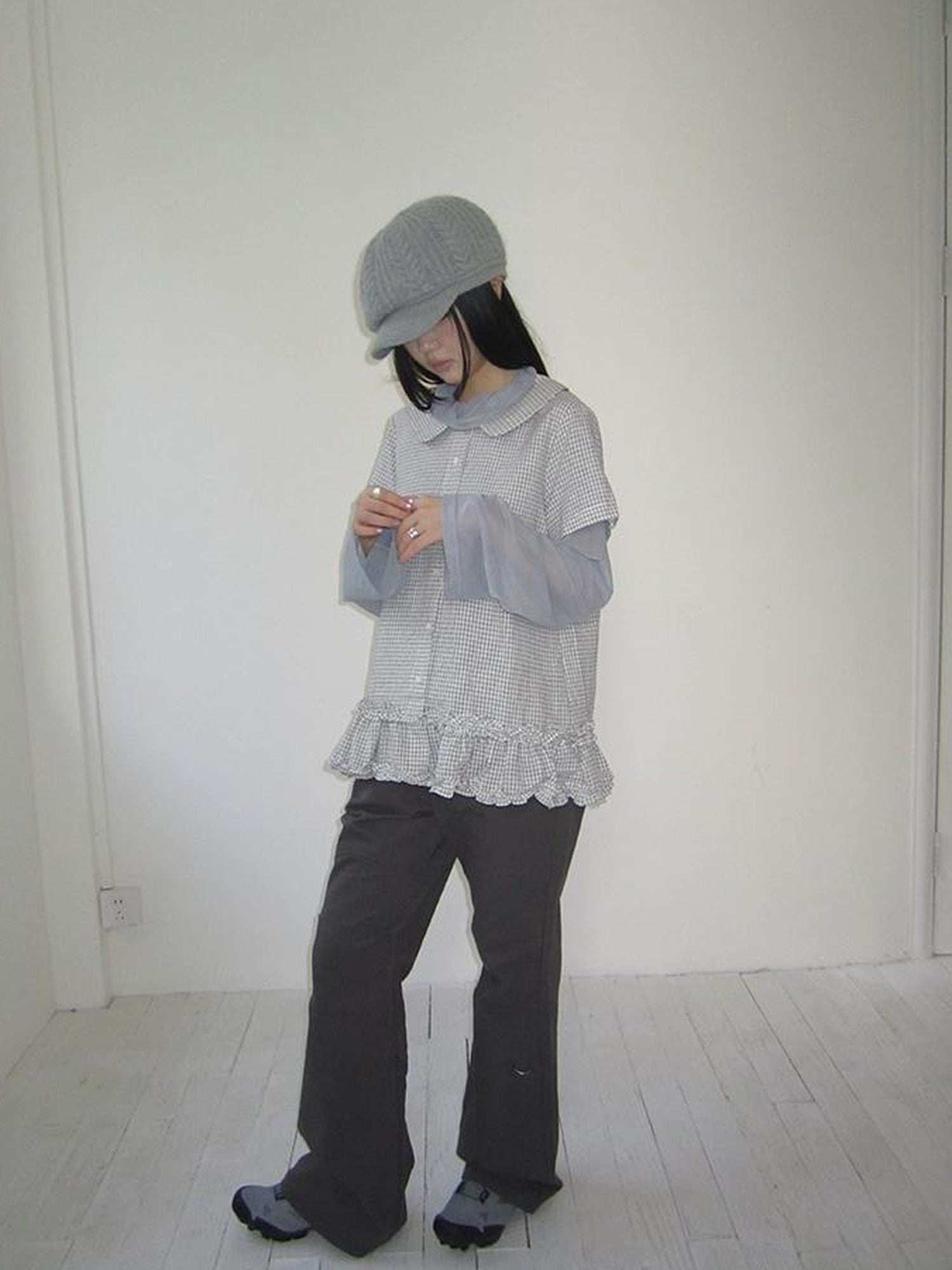 ang project Vintage Collar Checkered Ruffle Short Sleeve Shirt