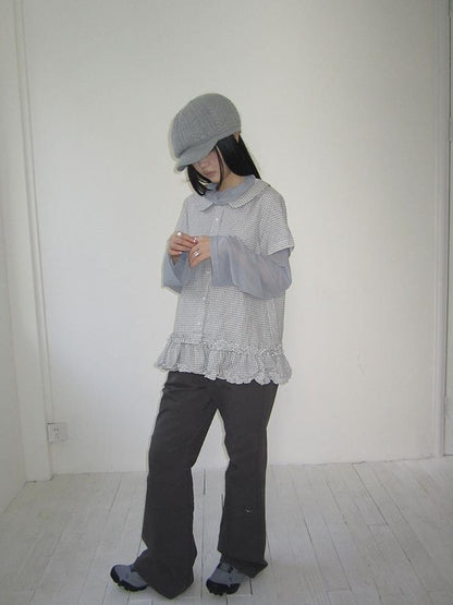 ang project Vintage Collar Checkered Ruffle Short Sleeve Shirt