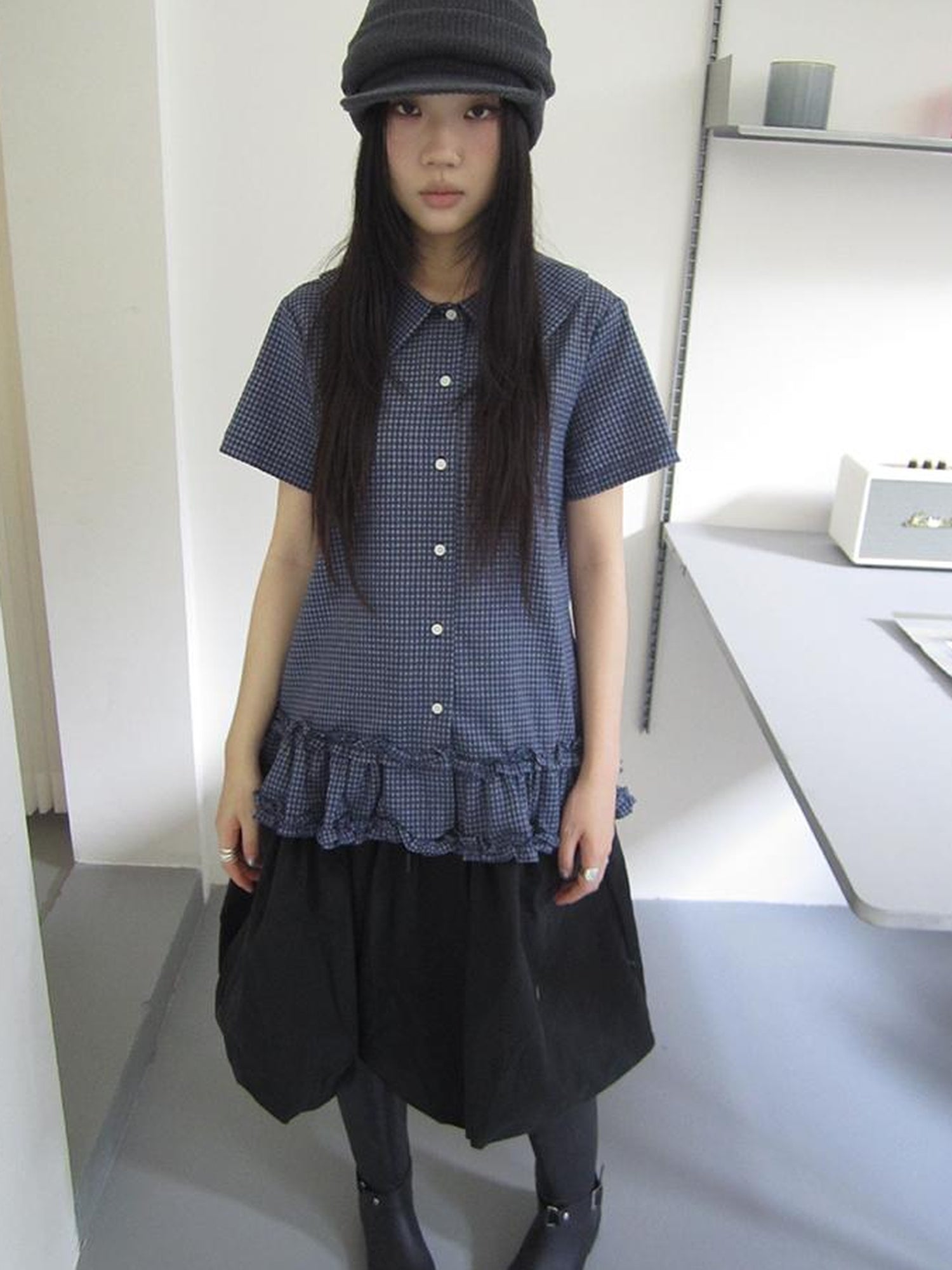 ang project Vintage Collar Checkered Ruffle Short Sleeve Shirt