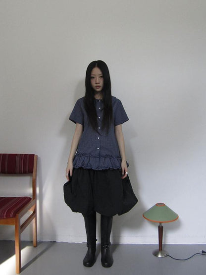ang project Vintage Collar Checkered Ruffle Short Sleeve Shirt