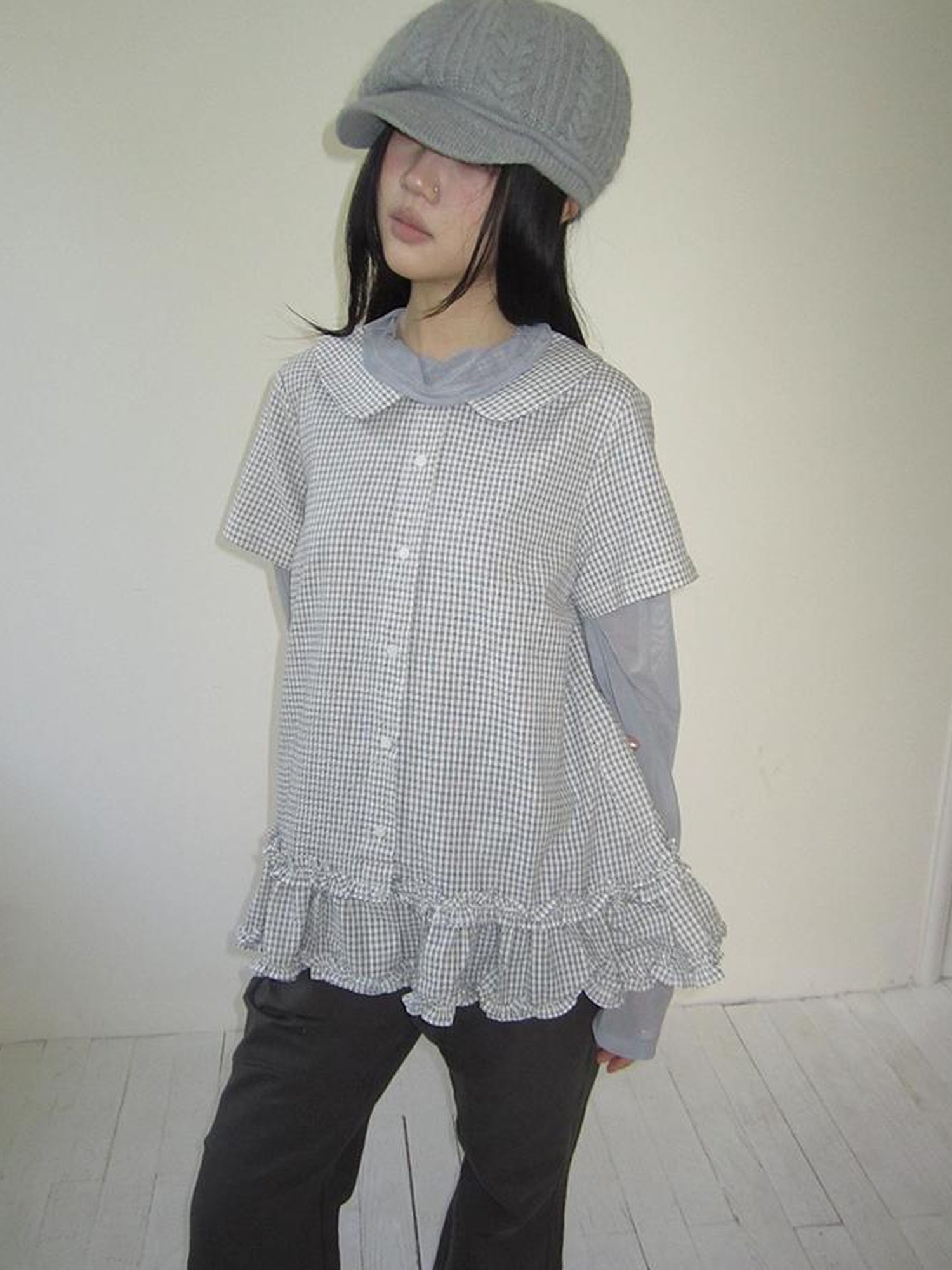 ang project Vintage Collar Checkered Ruffle Short Sleeve Shirt