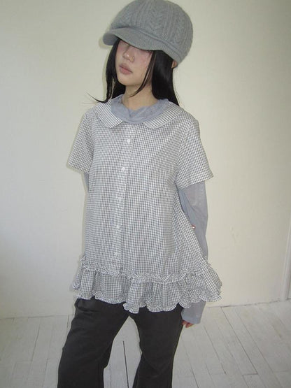 ang project Vintage Collar Checkered Ruffle Short Sleeve Shirt