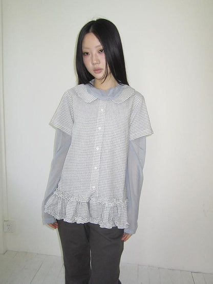 ang project Vintage Collar Checkered Ruffle Short Sleeve Shirt