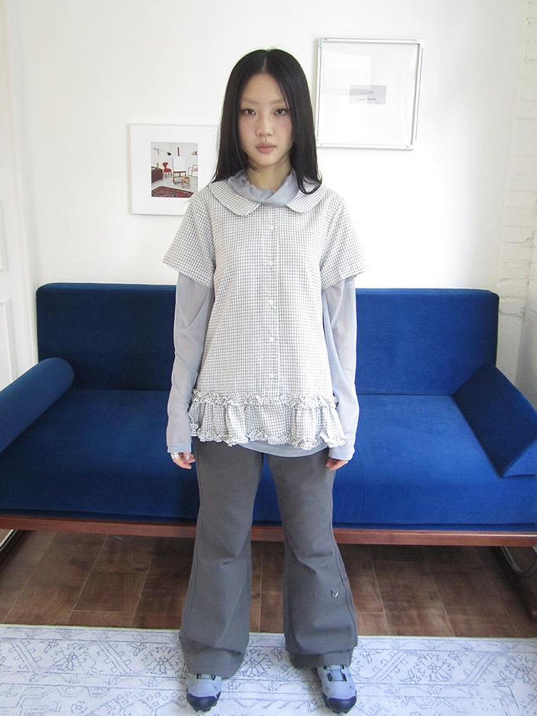 ang project Vintage Collar Checkered Ruffle Short Sleeve Shirt