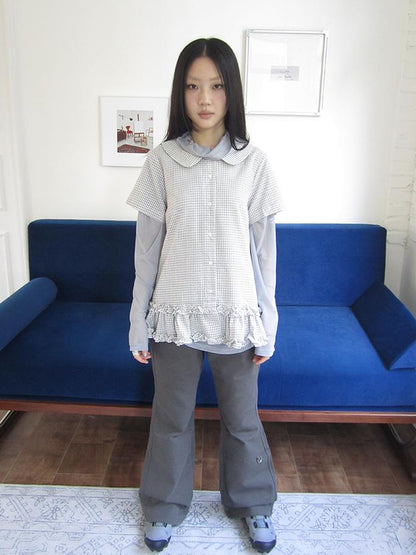 ang project Vintage Collar Checkered Ruffle Short Sleeve Shirt