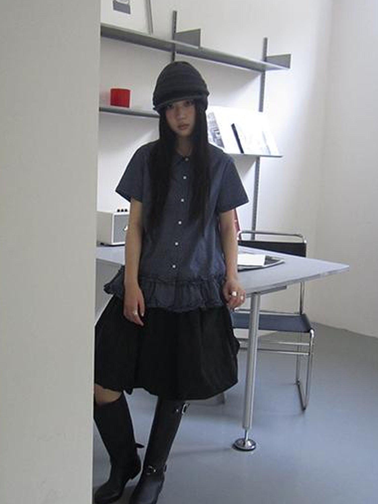 ang project Vintage Collar Checkered Ruffle Short Sleeve Shirt