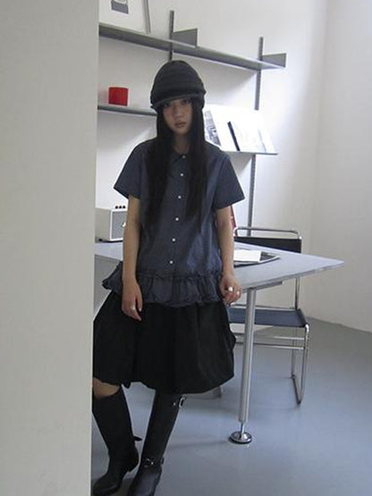 ang project Vintage Collar Checkered Ruffle Short Sleeve Shirt