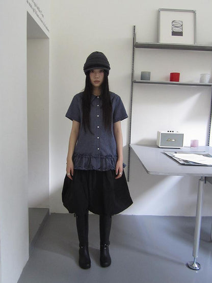 ang project Vintage Collar Checkered Ruffle Short Sleeve Shirt