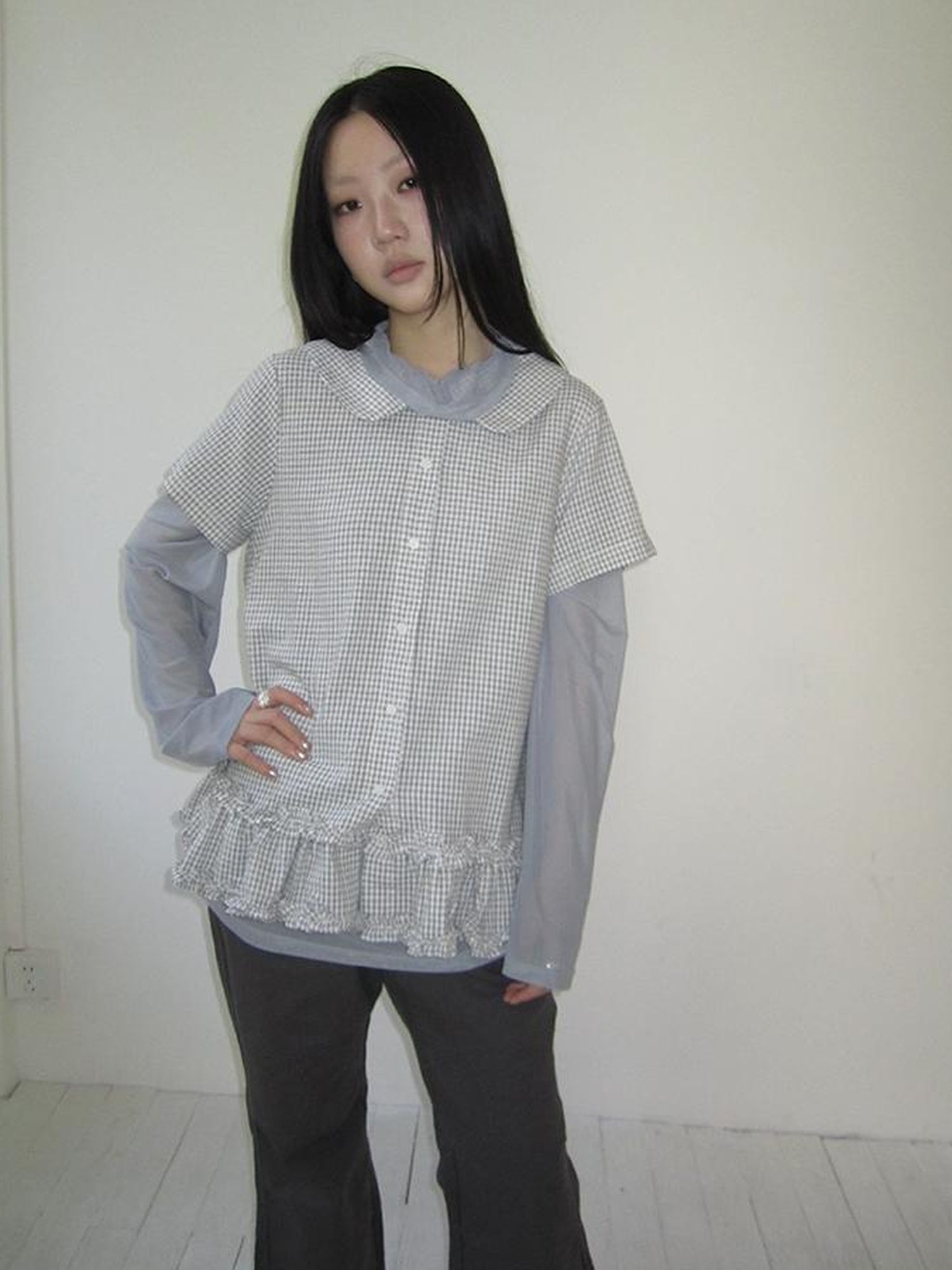 ang project Vintage Collar Checkered Ruffle Short Sleeve Shirt