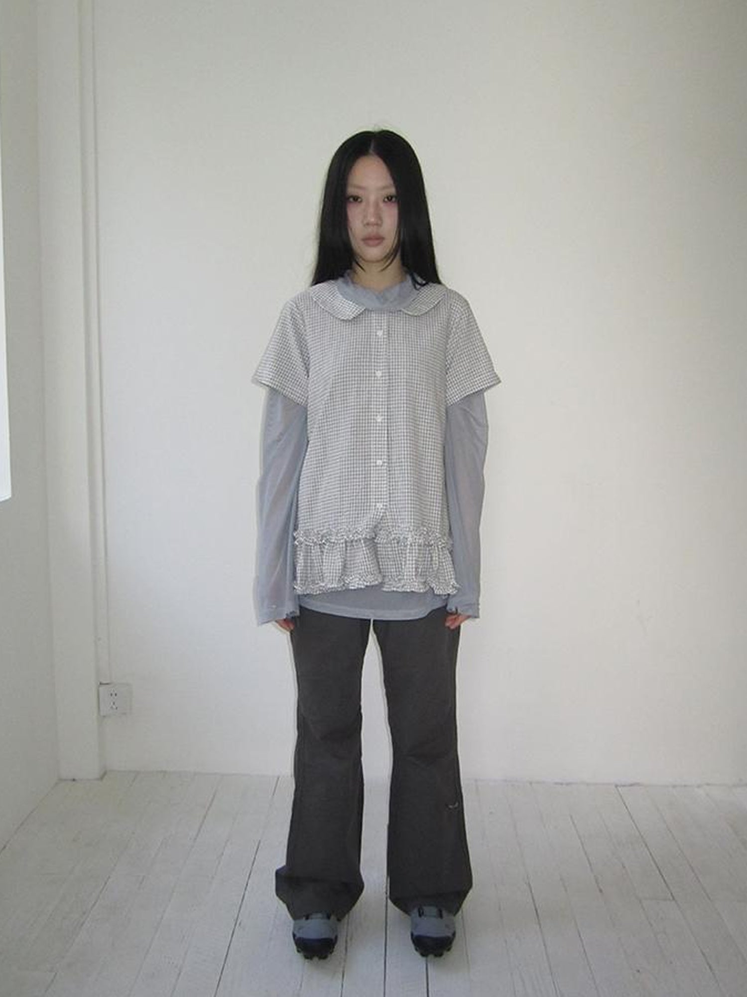 ang project Vintage Collar Checkered Ruffle Short Sleeve Shirt