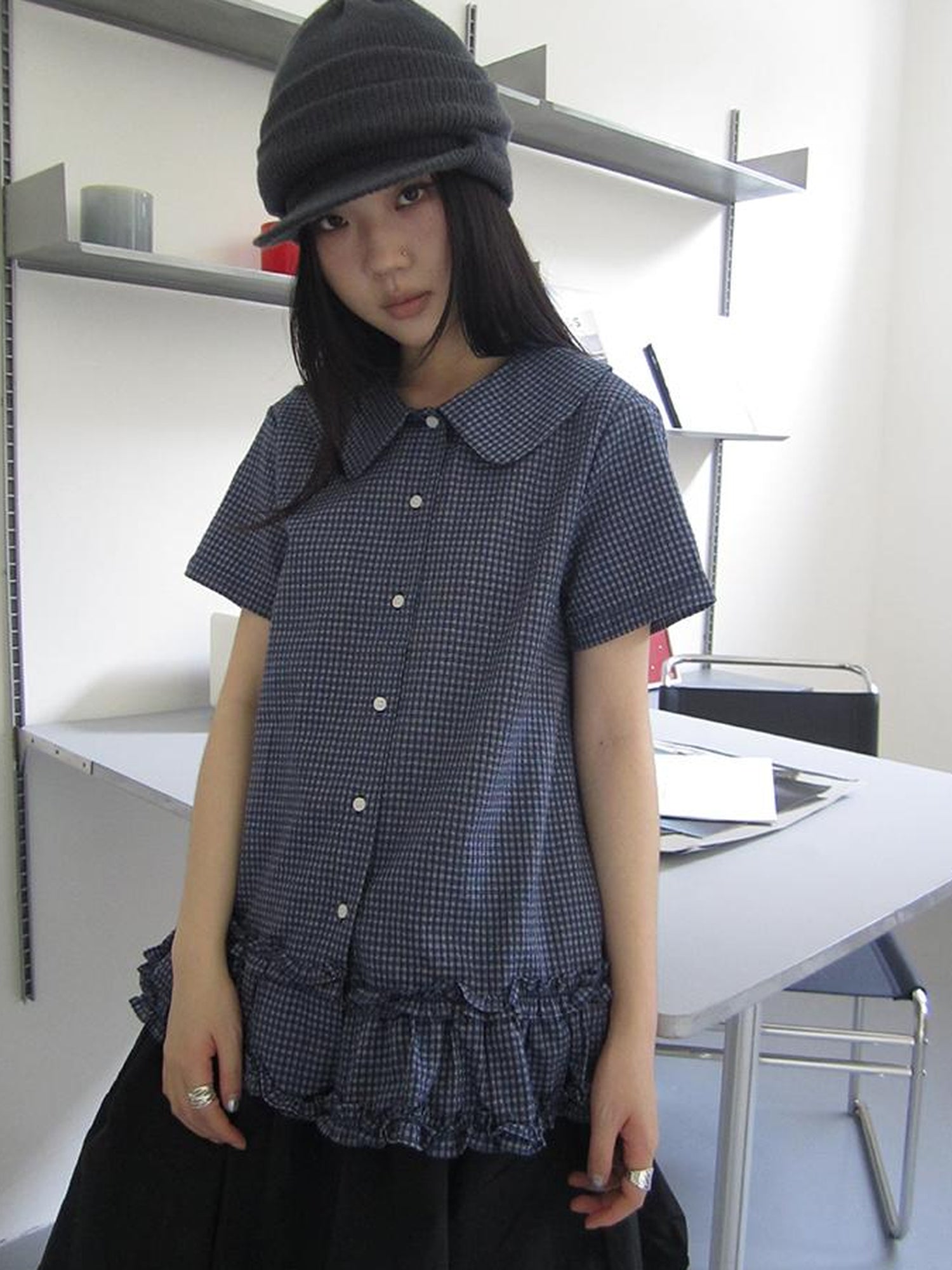 ang project Vintage Collar Checkered Ruffle Short Sleeve Shirt