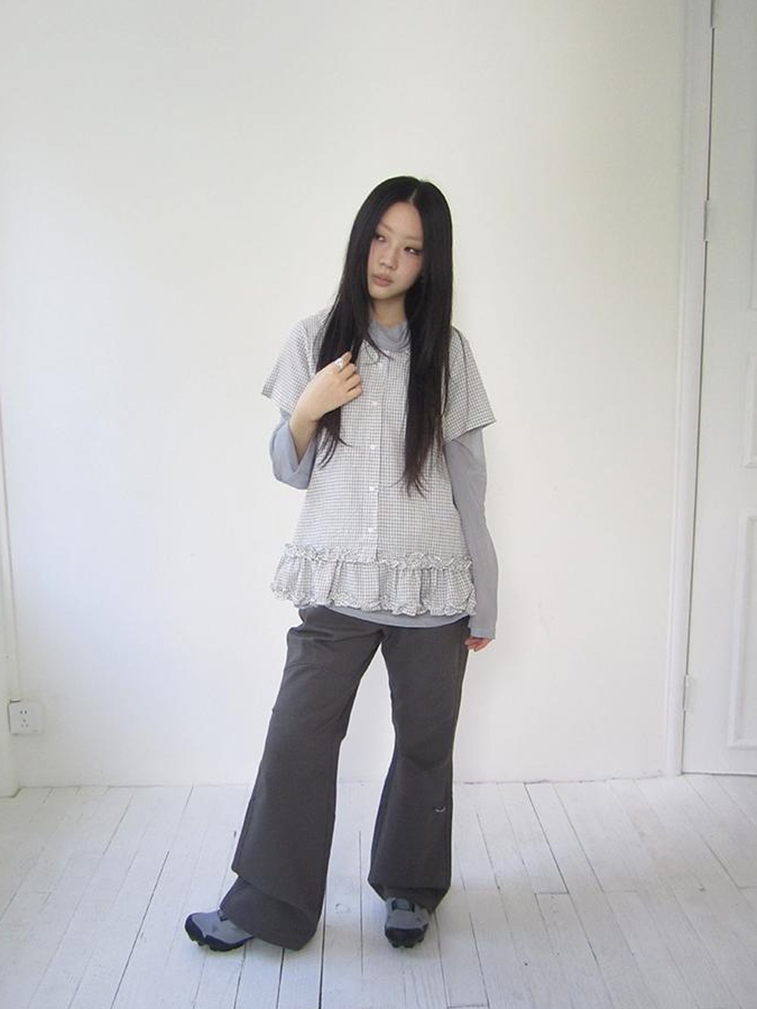 ang project Vintage Collar Checkered Ruffle Short Sleeve Shirt