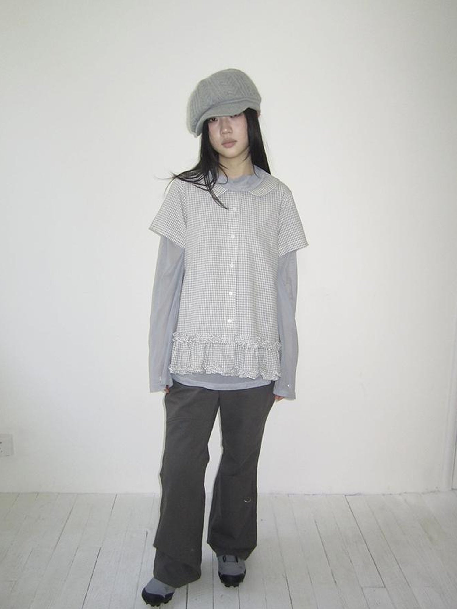 ang project Vintage Collar Checkered Ruffle Short Sleeve Shirt