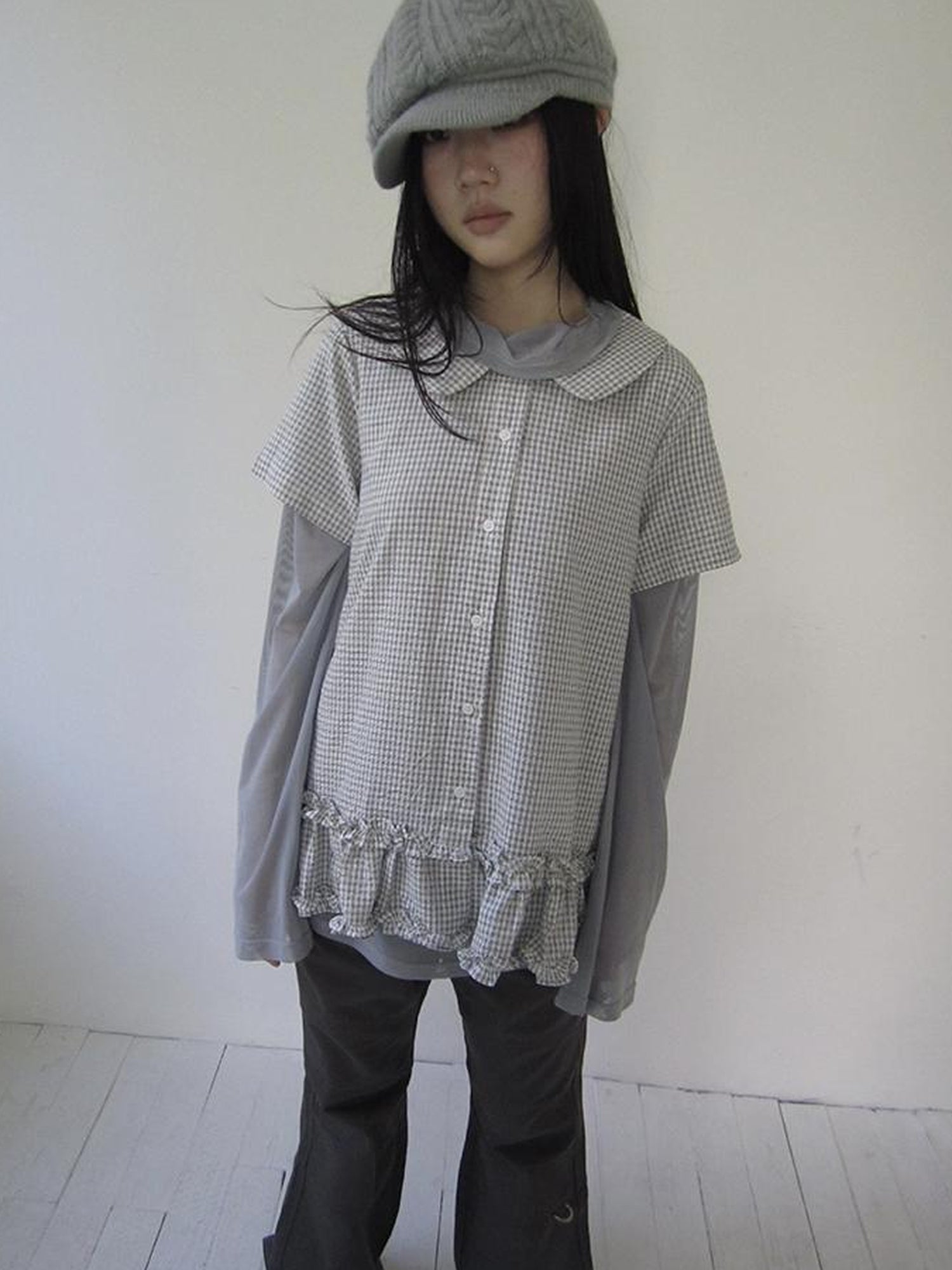 ang project Vintage Collar Checkered Ruffle Short Sleeve Shirt