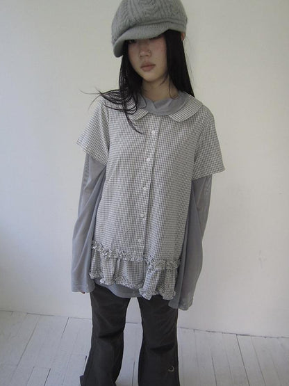 ang project Vintage Collar Checkered Ruffle Short Sleeve Shirt