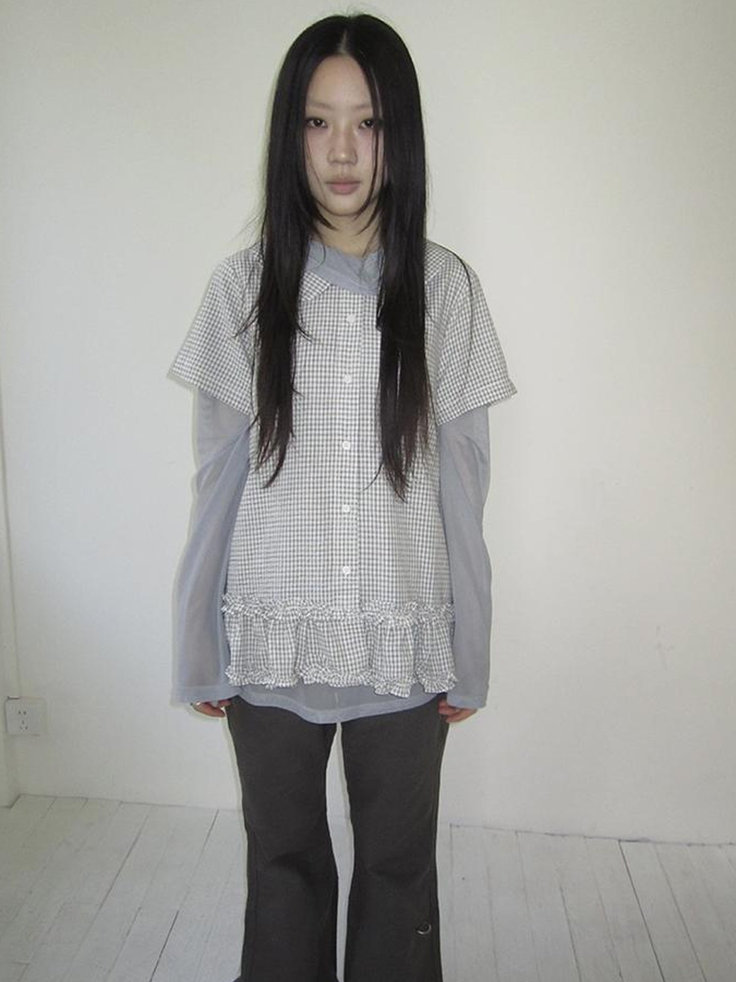 ang project Vintage Collar Checkered Ruffle Short Sleeve Shirt