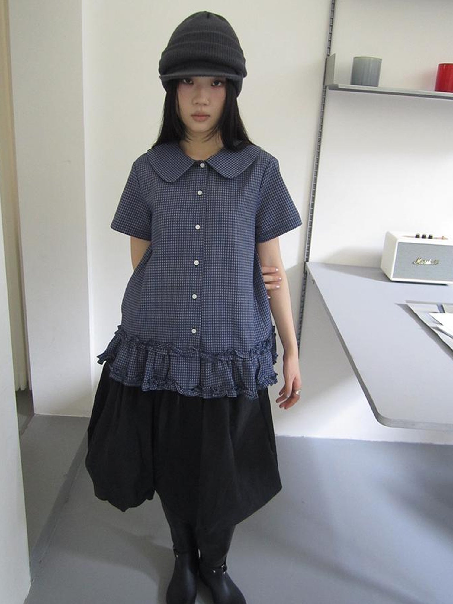 ang project Vintage Collar Checkered Ruffle Short Sleeve Shirt