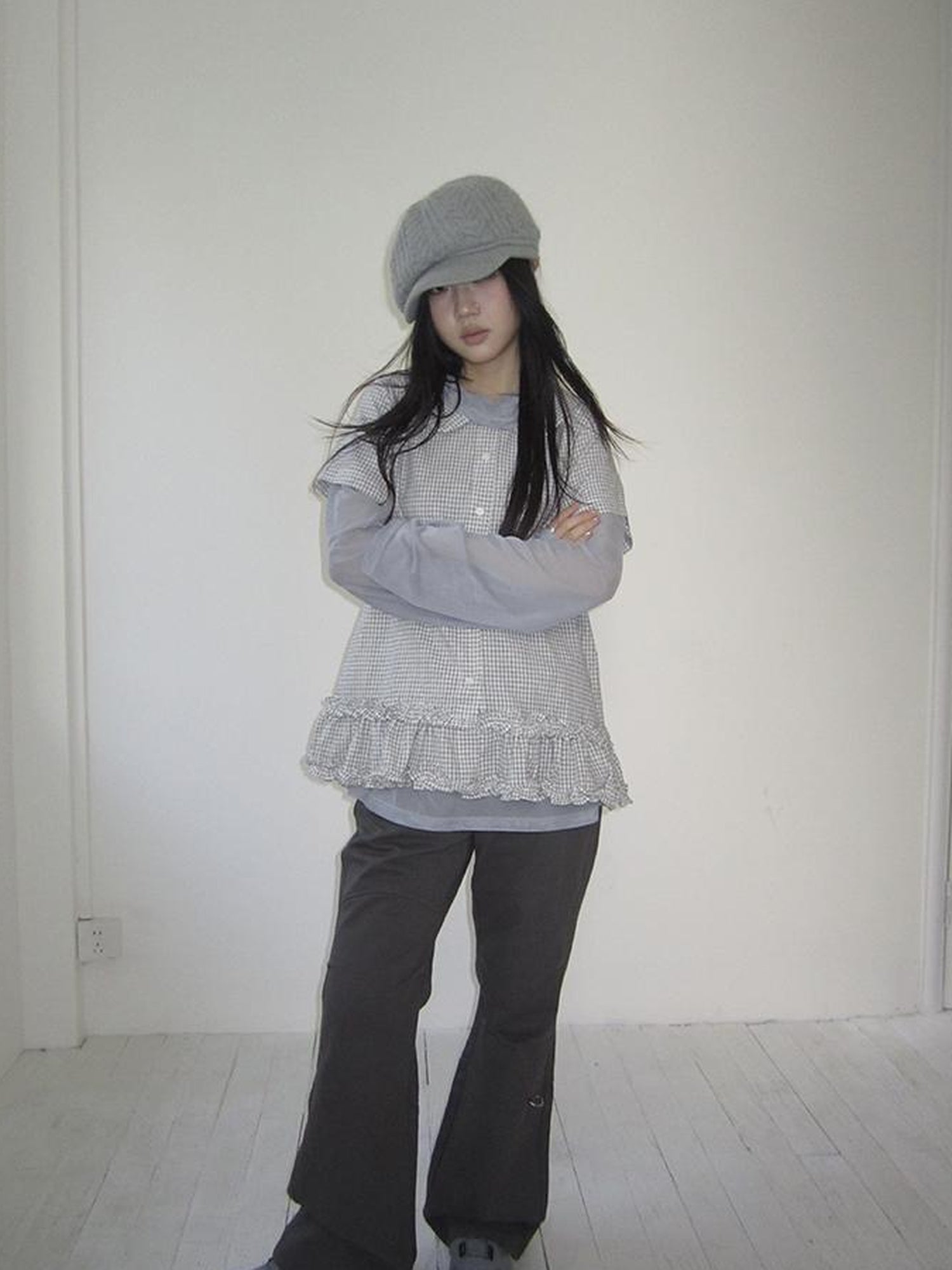 ang project Vintage Collar Checkered Ruffle Short Sleeve Shirt