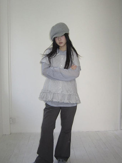ang project Vintage Collar Checkered Ruffle Short Sleeve Shirt