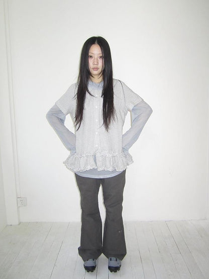 ang project Vintage Collar Checkered Ruffle Short Sleeve Shirt