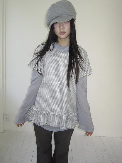 ang project Vintage Collar Checkered Ruffle Short Sleeve Shirt