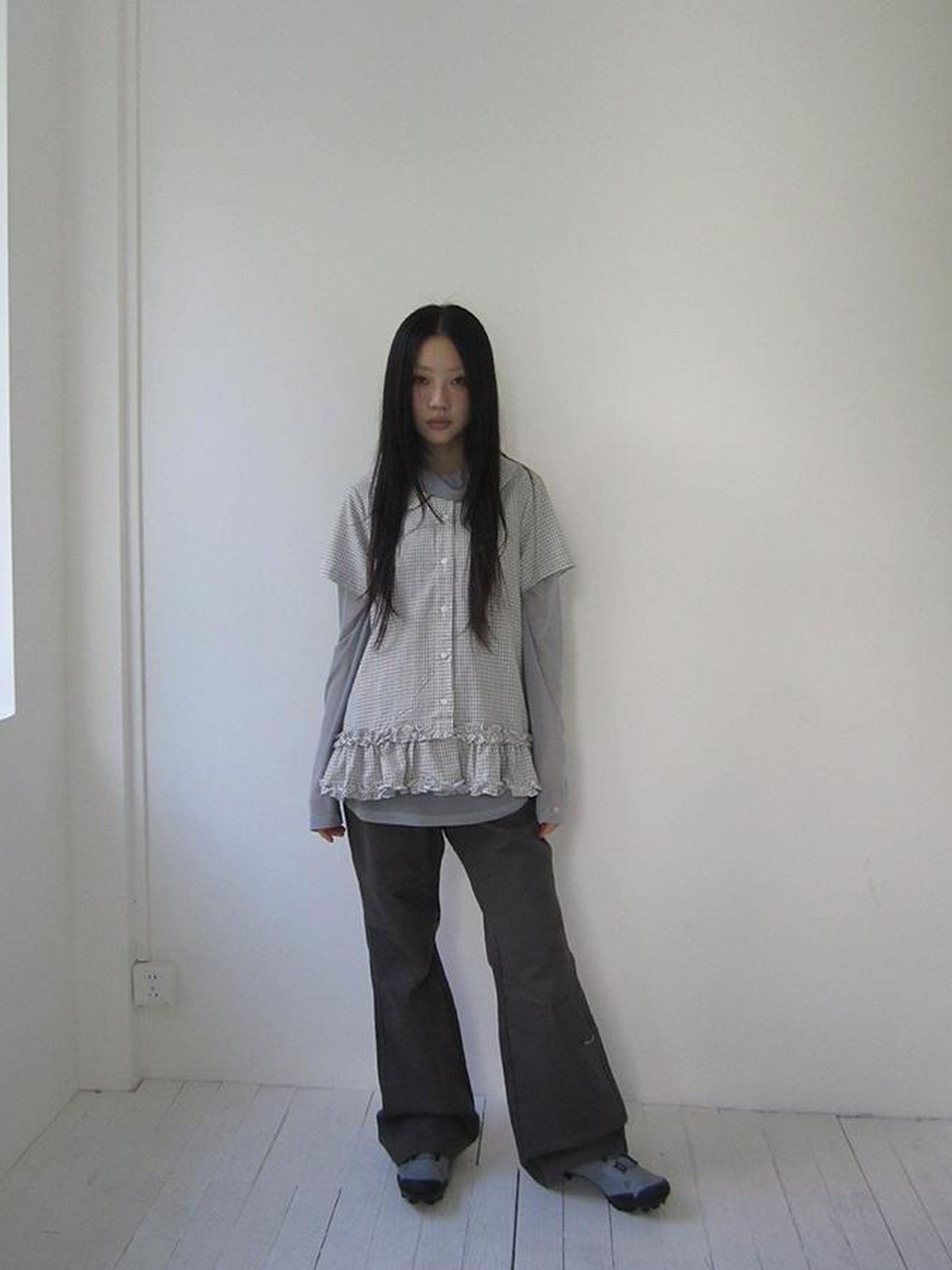 ang project Vintage Collar Checkered Ruffle Short Sleeve Shirt
