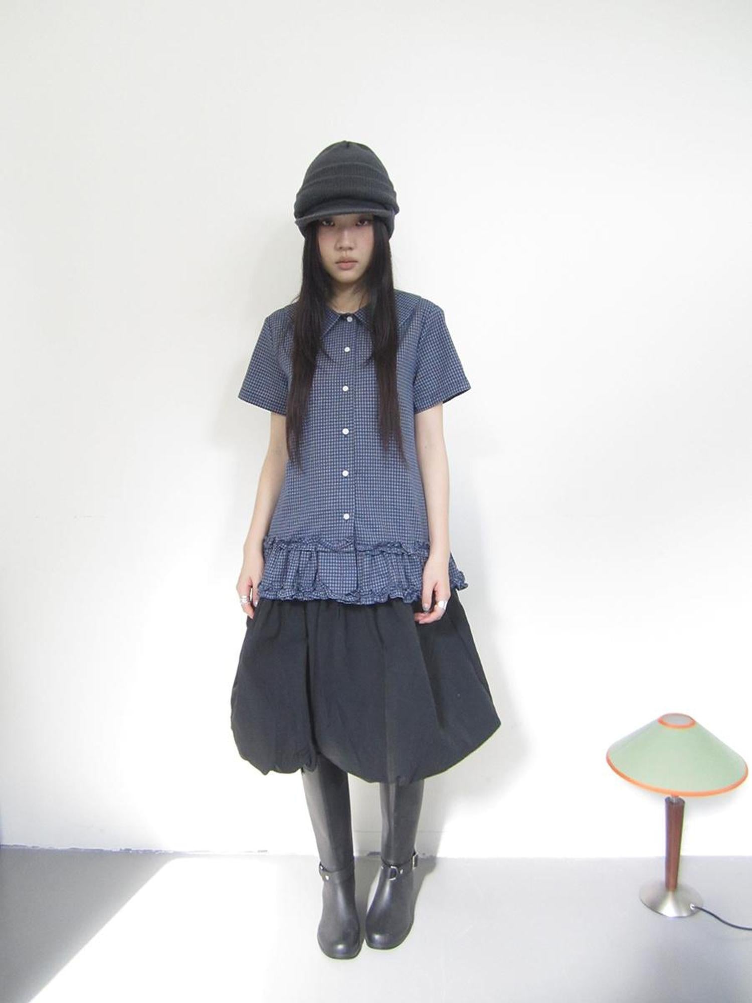 ang project Vintage Collar Checkered Ruffle Short Sleeve Shirt