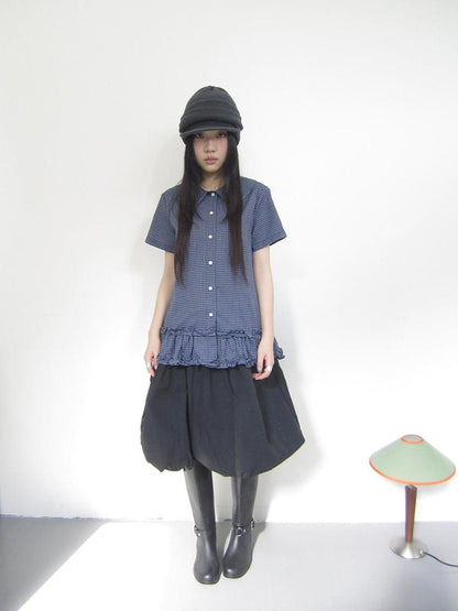 ang project Vintage Collar Checkered Ruffle Short Sleeve Shirt