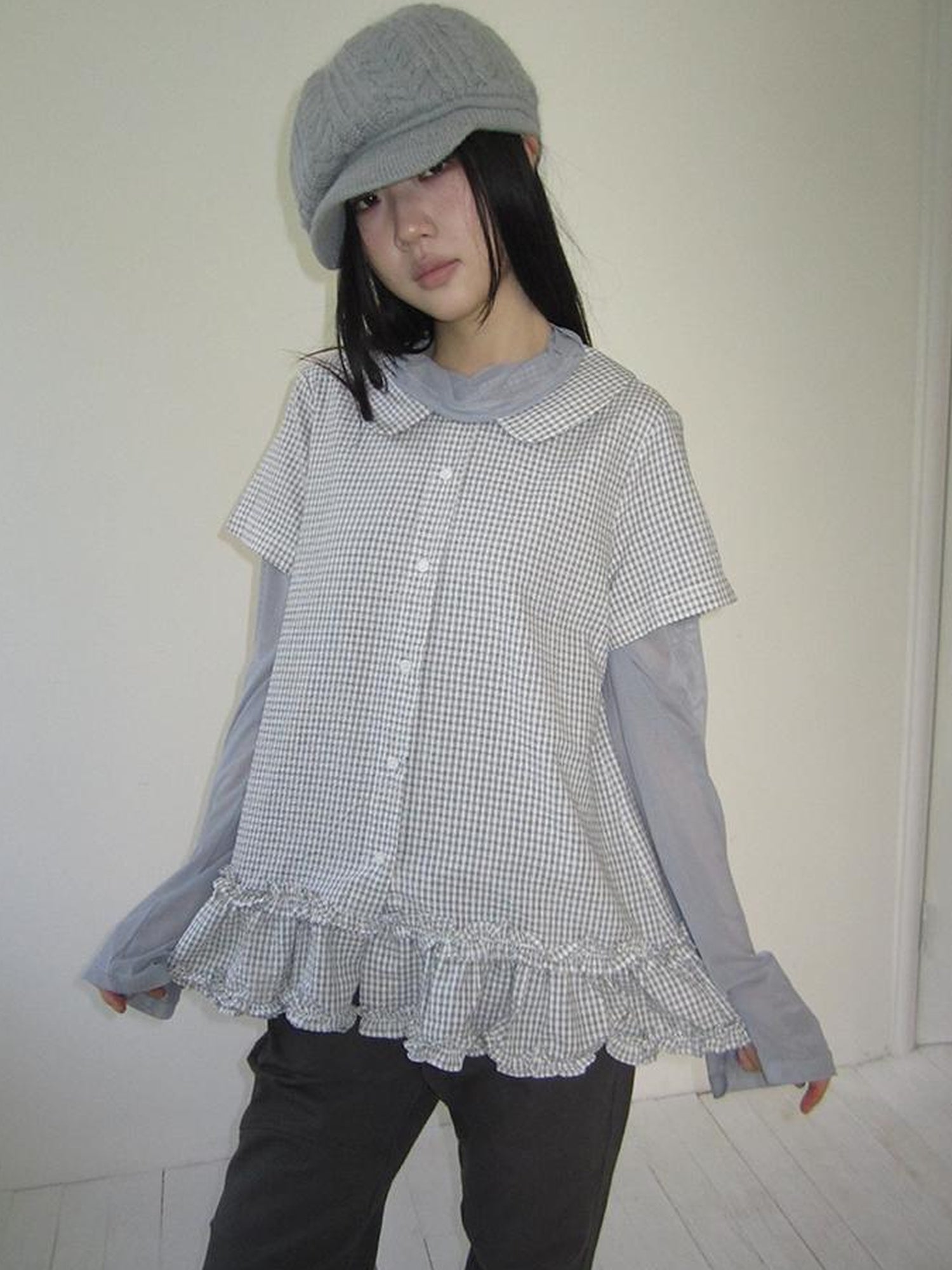 ang project Vintage Collar Checkered Ruffle Short Sleeve Shirt