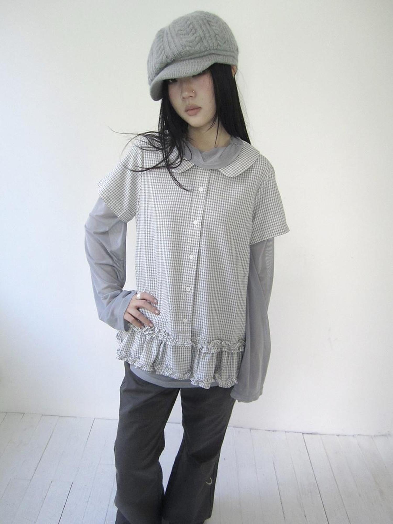 ang project Vintage Collar Checkered Ruffle Short Sleeve Shirt