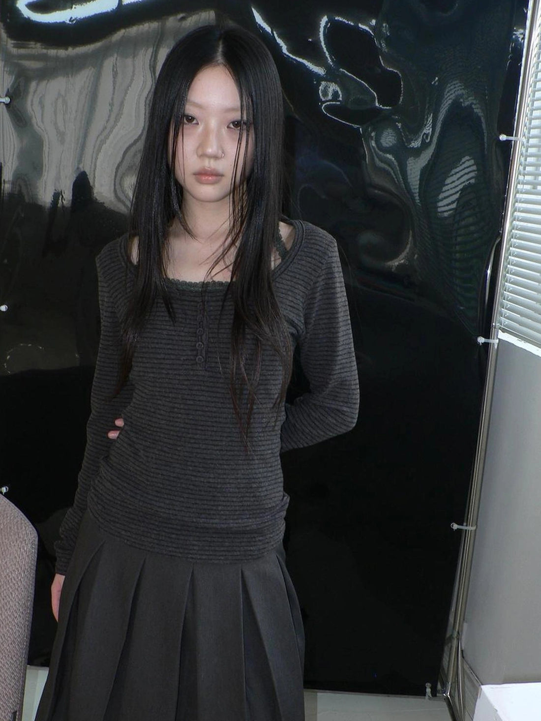 ang project Vintage Color Block Stripe Lace Long Sleeve T-shirt T-shirt