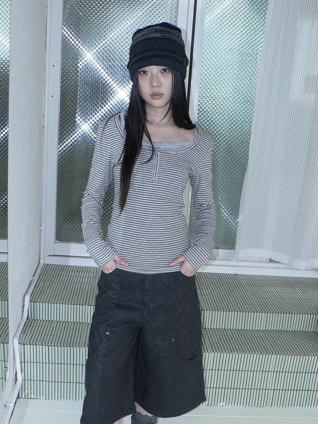 ang project Vintage Color Block Stripe Lace Long Sleeve T-shirt T-shirt