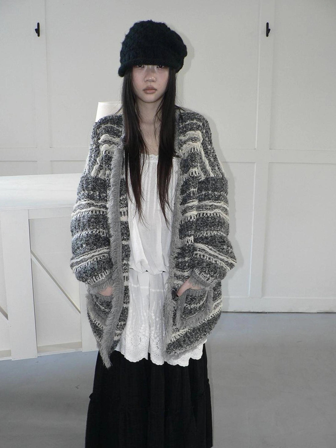 ang project Vintage Colorblock Fringe Striped Knit Cardigan Sweater