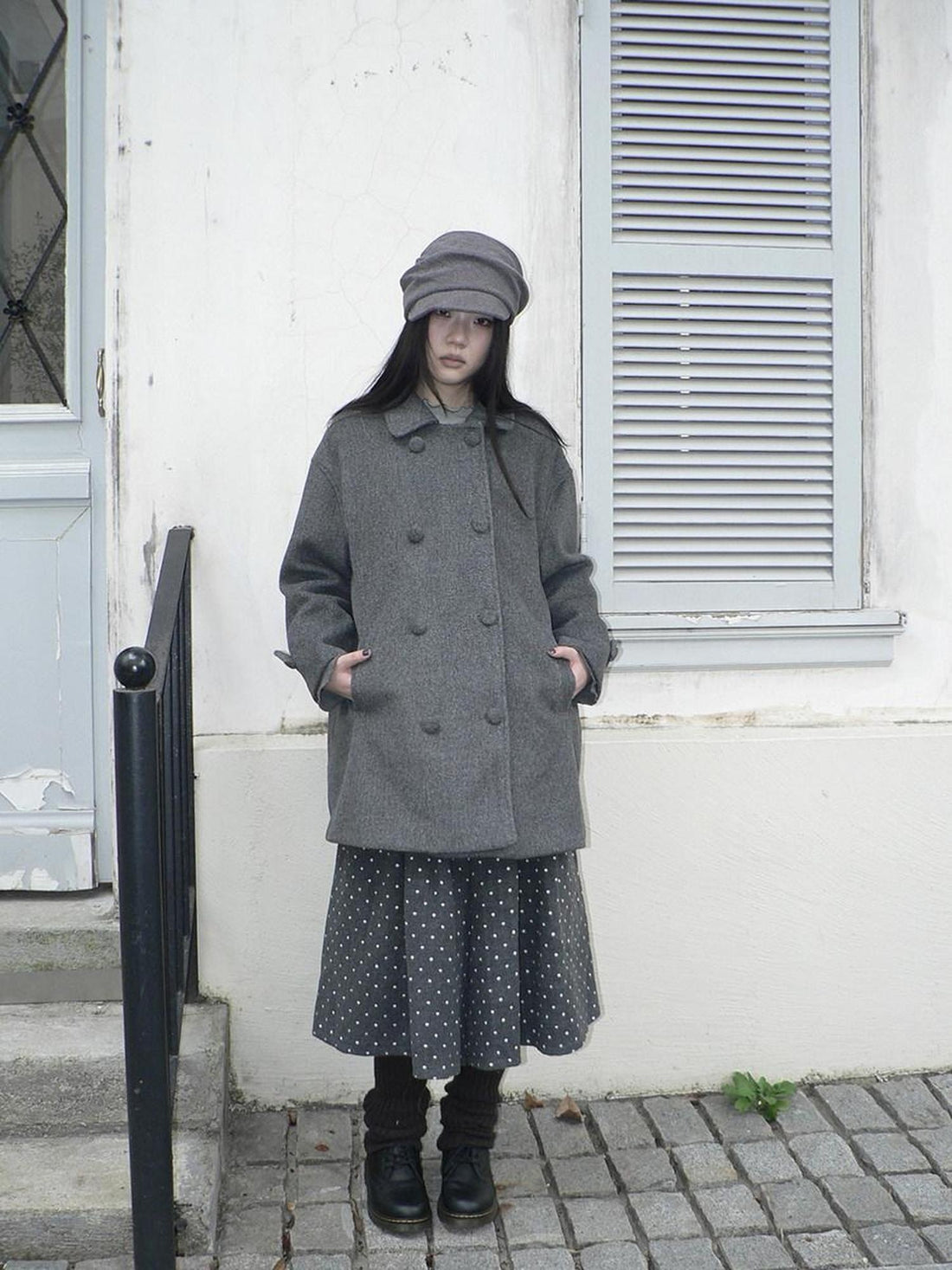 ang project Vintage Commuter Double Breasted Straight Cut Mid Length Lapel Gray Women Coat