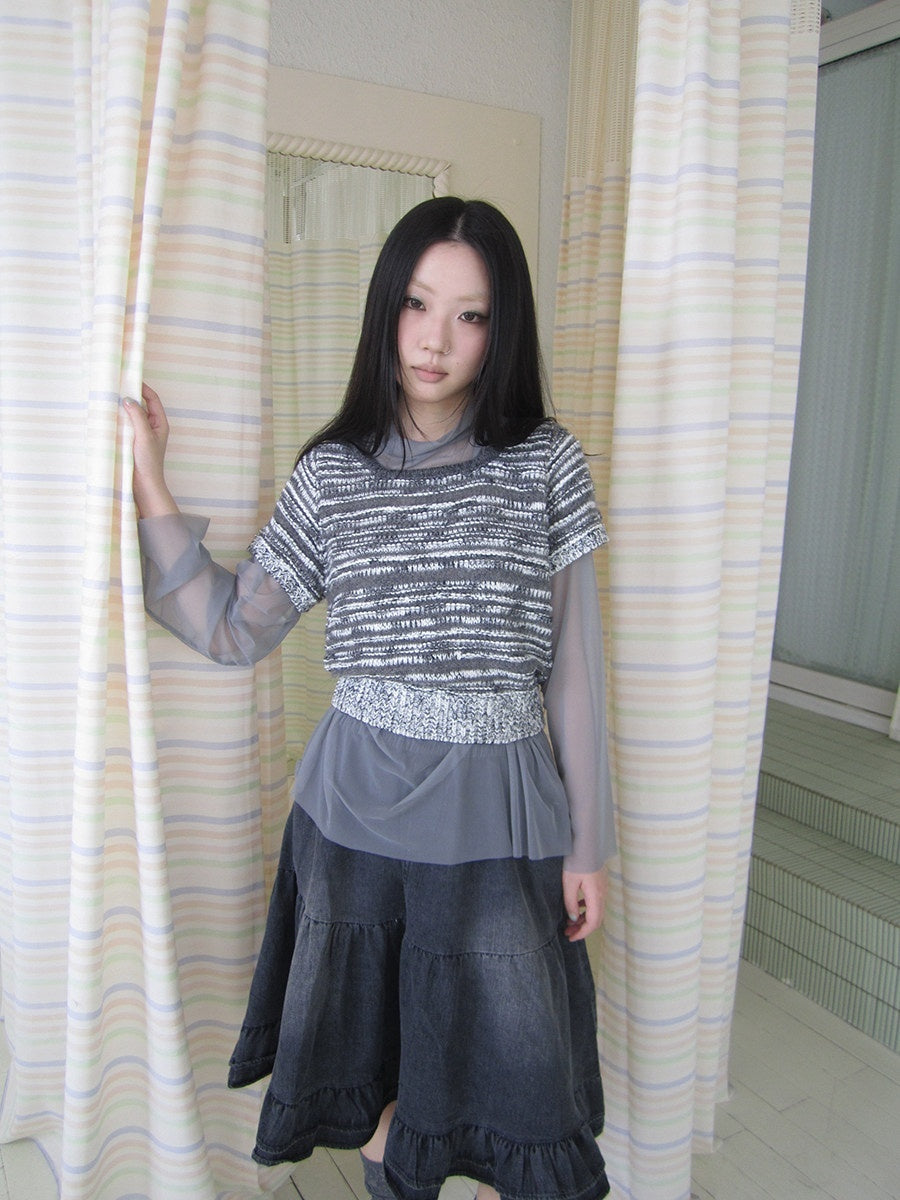 ang project Vintage Contrast Striped Cropped Slim Waist Short Sleeve Women&