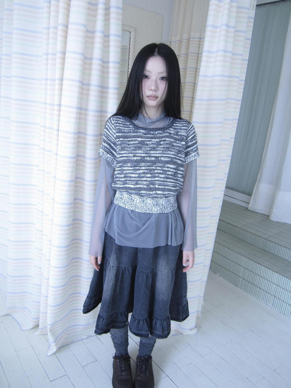 ang project Vintage Contrast Striped Cropped Slim Waist Short Sleeve Women&