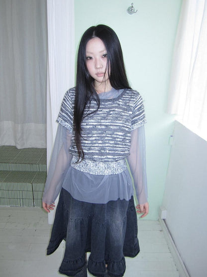 ang project Vintage Contrast Striped Cropped Slim Waist Short Sleeve Women&