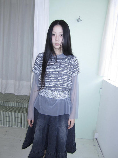 ang project Vintage Contrast Striped Cropped Slim Waist Short Sleeve Women&