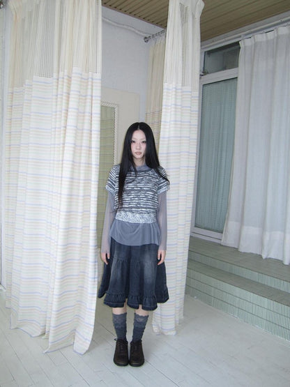 ang project Vintage Contrast Striped Cropped Slim Waist Short Sleeve Women&