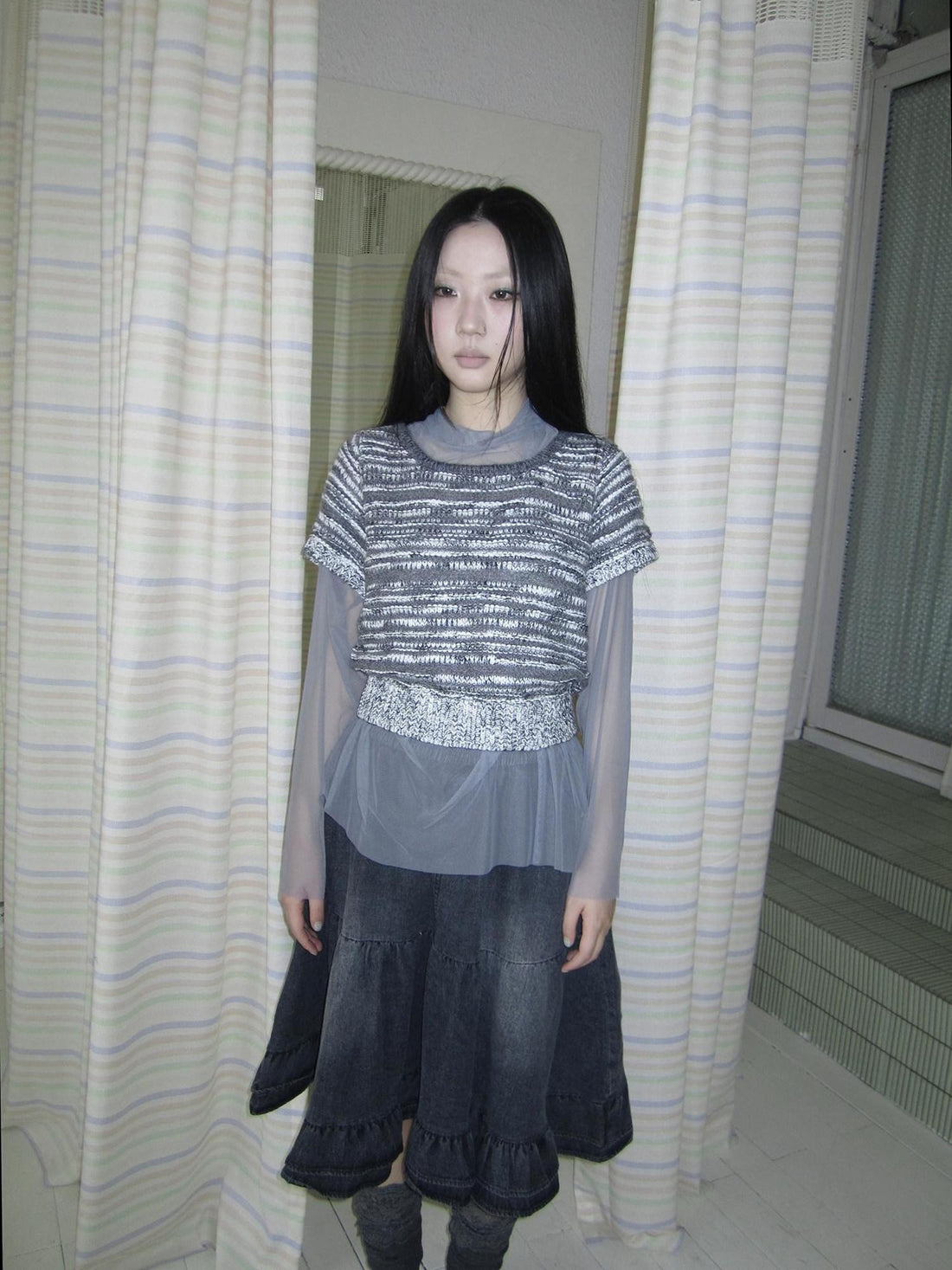 ang project Vintage Contrast Striped Cropped Slim Waist Short Sleeve Women&