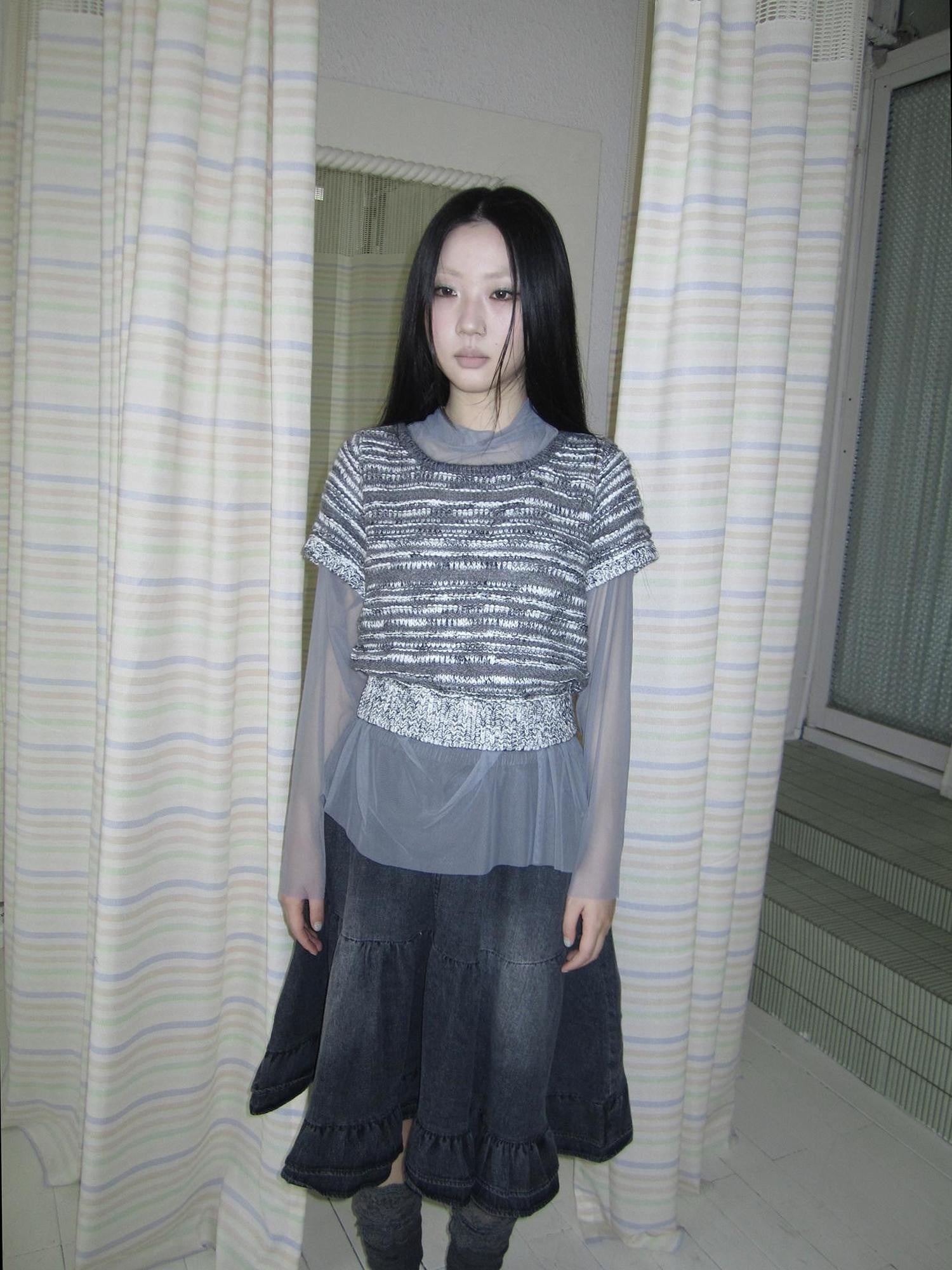 ang project Vintage Contrast Striped Cropped Slim Waist Short Sleeve Women&